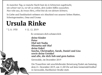 Traueranzeige von Ursula Rinke von Templiner Zeitung