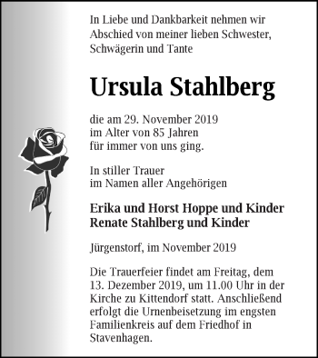 Traueranzeige von Ursula Stahlberg von Mecklenburger Schweiz