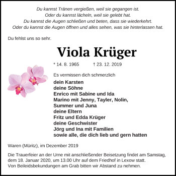 Traueranzeige von Viola Krüger von Müritz-Zeitung