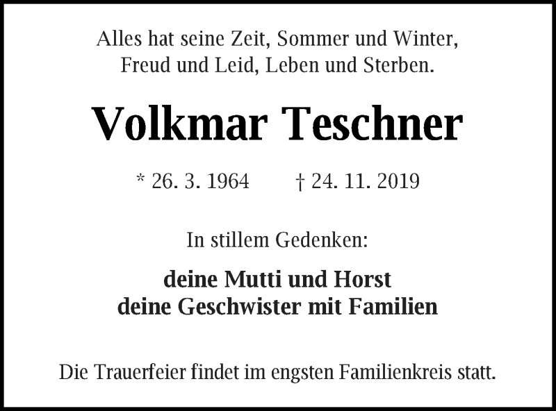  Traueranzeige für Volkmar Teschner vom 07.12.2019 aus Vorpommern Kurier