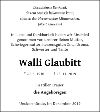 Traueranzeige von Walli Glaubitt von Haff-Zeitung