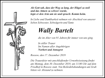 Traueranzeige von Wally Bartelt von Pasewalker Zeitung