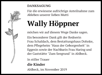 Traueranzeige von Wally Höppner von Haff-Zeitung