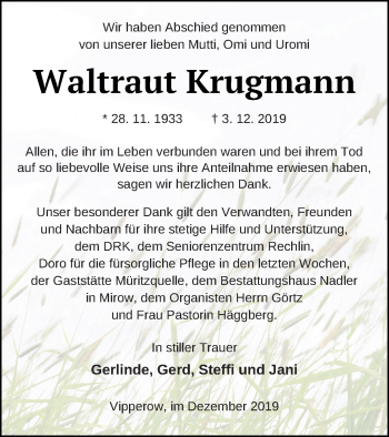 Traueranzeige von Waltraut Krugmann von Müritz-Zeitung