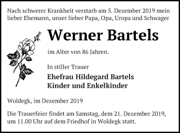 Traueranzeige von Werner Bartels von Strelitzer Zeitung