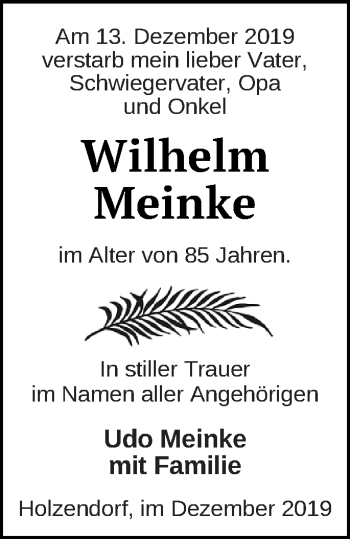 Traueranzeige von Wilhelm Meinke von Prenzlauer Zeitung