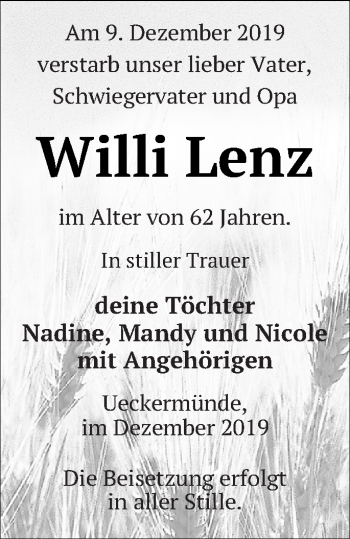 Traueranzeige von Willi Lenz von Haff-Zeitung