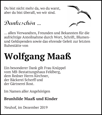 Traueranzeige von Wolfgang Maaß von Strelitzer Zeitung