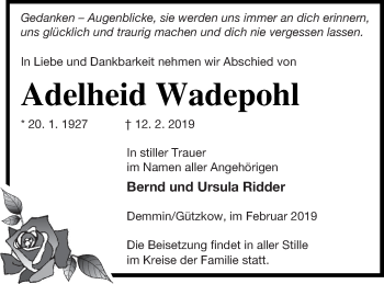 Traueranzeige von Adelheid Wadepohl von Demminer Zeitung