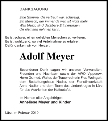 Traueranzeige von Adolf Meyer von Müritz-Zeitung