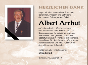 Traueranzeige von Albert Archut von Prenzlauer Zeitung