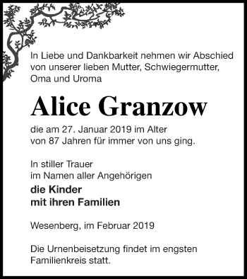 Traueranzeige von Alice Granzow von Strelitzer Zeitung