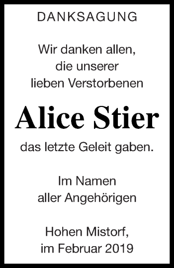 Traueranzeige von Alice Stier von Mecklenburger Schweiz