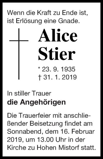 Traueranzeige von Alice Stier von Mecklenburger Schweiz