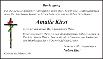 Traueranzeige von Amalie Kirst von Parchimer Zeitung