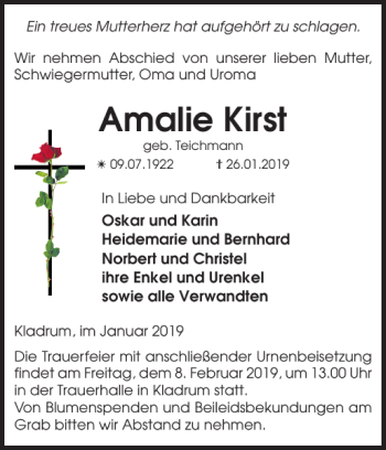 Traueranzeige von Amalie Kirst von Parchimer Zeitung