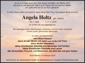 Traueranzeige von Angela Holtz von Mecklenburger Schweiz