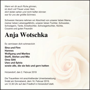 Traueranzeige von Anja Wotschka von Strelitzer Zeitung