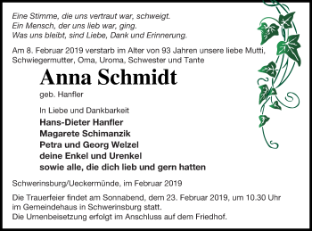 Traueranzeige von Anna Schmidt von Vorpommern Kurier