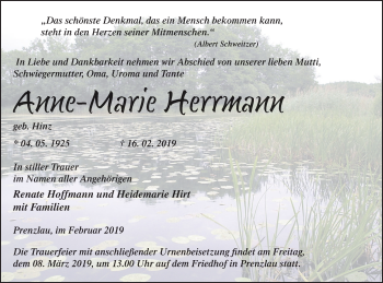 Traueranzeige von Anne-Marie Herrmann von Prenzlauer Zeitung