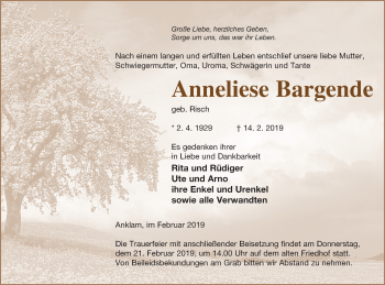 Traueranzeige von Anneliese Bargende von Vorpommern Kurier