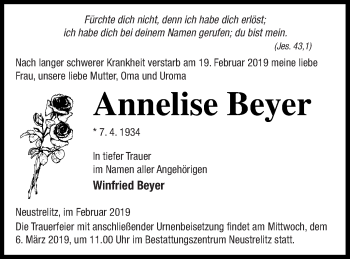Traueranzeige von Annelise Beyer von Strelitzer Zeitung