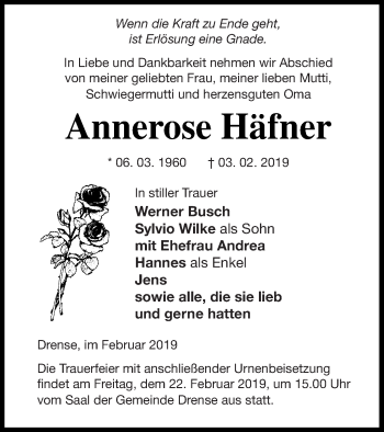 Traueranzeige von Annerose Häfner von Prenzlauer Zeitung