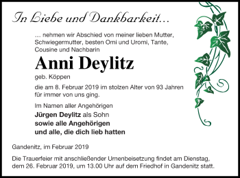 Traueranzeige von Anni Deylitz von Templiner Zeitung