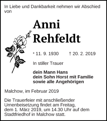 Traueranzeige von Anni Rehfeldt von Müritz-Zeitung