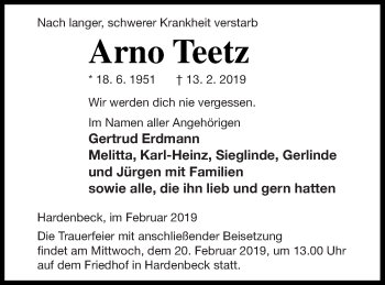 Traueranzeige von Arno Teetz von Templiner Zeitung