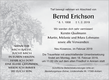 Traueranzeige von Bernd Erichson von Vorpommern Kurier