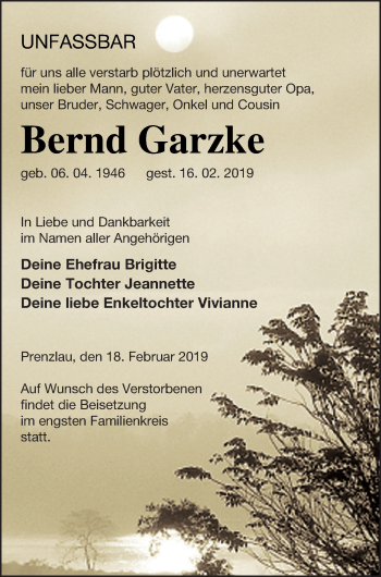 Traueranzeige von Bernd Garzke von Prenzlauer Zeitung