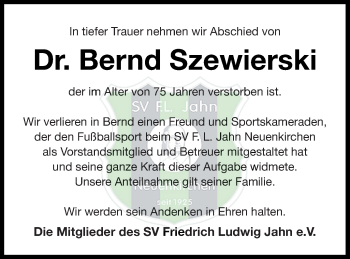 Traueranzeige von Bernd Szewierski von Neubrandenburger Zeitung