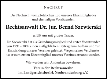 Traueranzeige von Bernd Szewierski von Neubrandenburger Zeitung