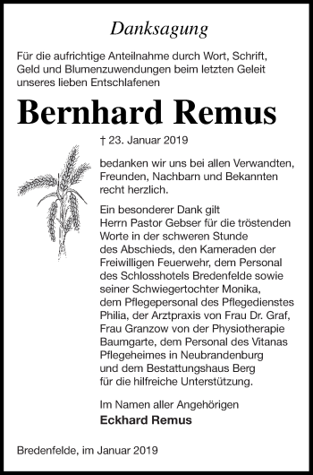 Traueranzeige von Bernhard Remus von Mecklenburger Schweiz