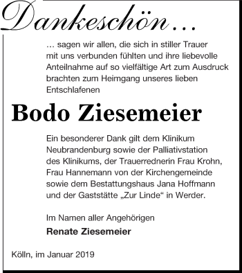 Traueranzeige von Bodo Ziesemeier von Neubrandenburger Zeitung