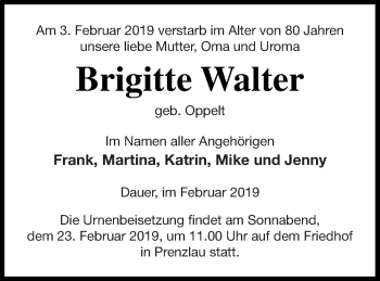 Traueranzeige von Brigitte Walter von Prenzlauer Zeitung