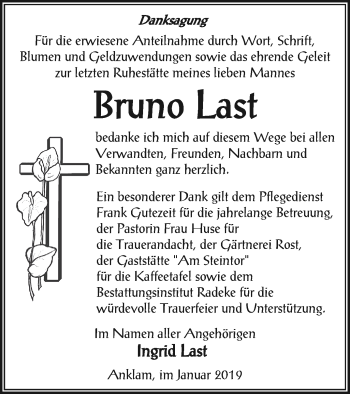 Traueranzeige von Bruno Last von Vorpommern Kurier