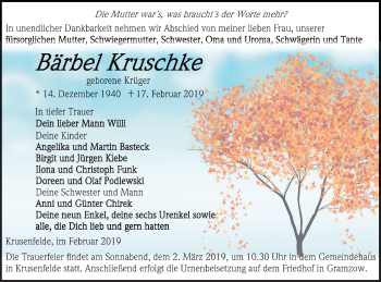 Traueranzeige von Bärbel Kruschke von Vorpommern Kurier