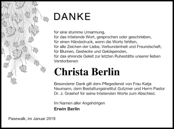 Traueranzeige von Christa Berlin von Pasewalker Zeitung