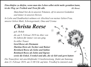 Traueranzeige von Christa Reese von Pasewalker Zeitung