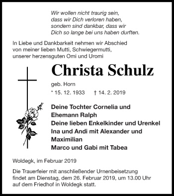 Traueranzeige von Christa Schulz von Strelitzer Zeitung