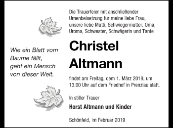 Traueranzeige von Christel Altmann von Prenzlauer Zeitung