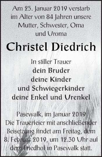 Traueranzeige von Christel Diedrich von Pasewalker Zeitung