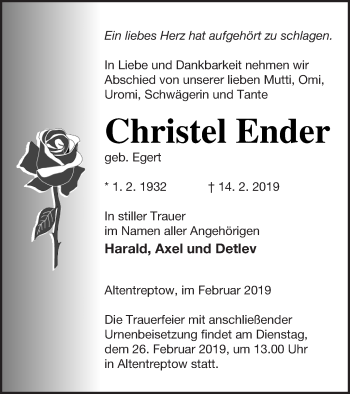 Traueranzeige von Christel Ender von Neubrandenburger Zeitung