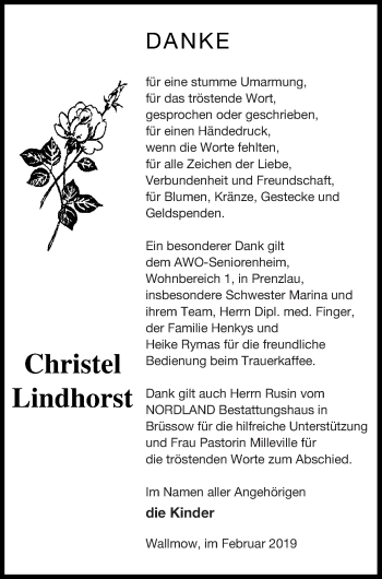 Traueranzeige von Christel Lindhorst von Prenzlauer Zeitung