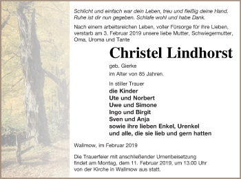 Traueranzeige von Christel Lindhorst von Prenzlauer Zeitung