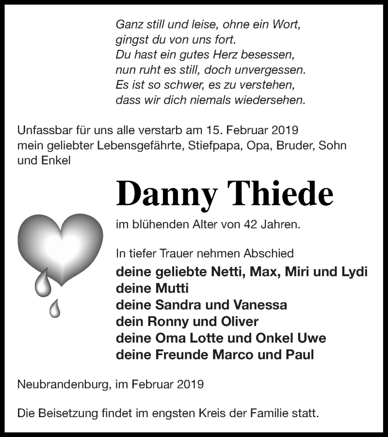  Traueranzeige für Danny Thiede vom 22.02.2019 aus Neubrandenburger Zeitung