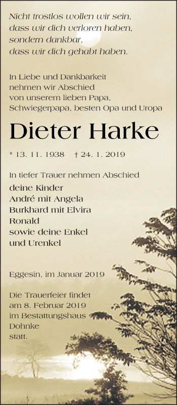 Traueranzeige von Dieter Harke von Haff-Zeitung