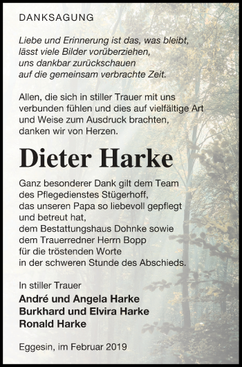 Traueranzeige von Dieter Harke von Haff-Zeitung